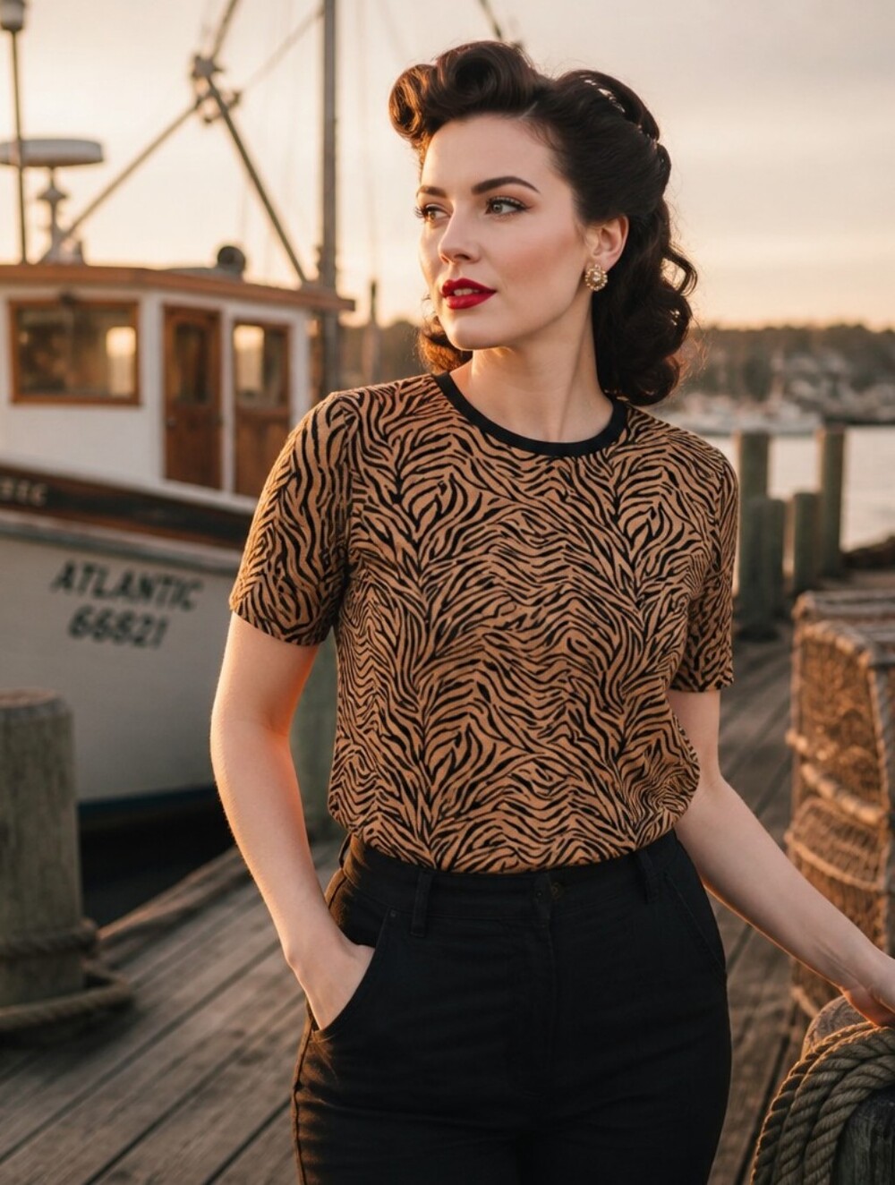 Teddi Black and Brown Zebra-Print Crewneck Tee with Studs